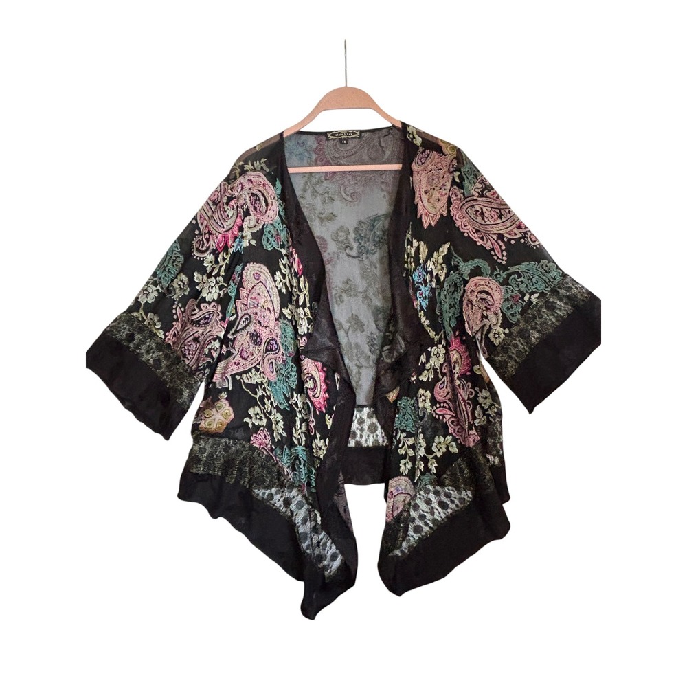 Vintage Violet Kay Silk Kimono Women 1X Burnout Sheer Lace Mixed Media Goth Boho